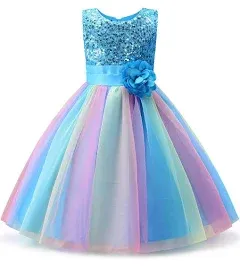 Uhnice Little Girl's Sequin Sleeveless Mesh Rainbow Dress