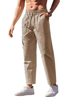 COOFANDY Mens Linen Casual Pants Lightweight Drawstring Beach Pants Elastic Waist Yoga Summer Trousers