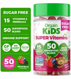 Orgain Kids Super Gummy Multivitamin Gummies, Children's Immune Support with Vitamins B12, C, D, E, & Zinc, Sugar Free, Mixed Berry, 50 ct