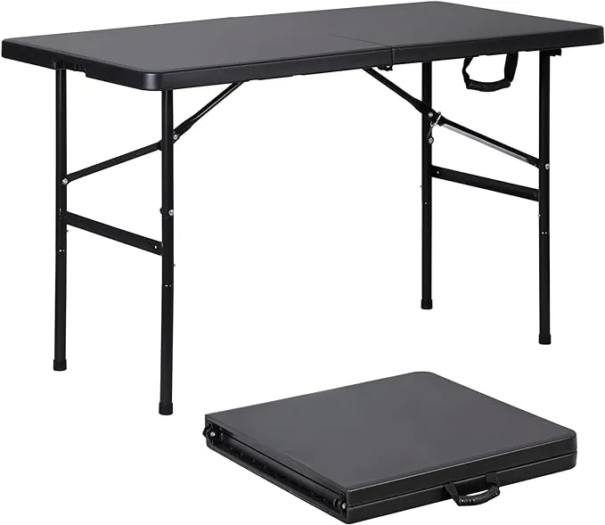 ZENY 4ft Portable Folding Table Plastic Indoor Outdoor Picnic Party Camp Dining Table with Handle, Black