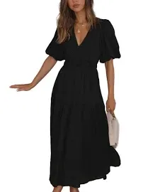 HOULENGS Women's Deep V Neck Puff Short Sleeve Tiered Dress Elastic High Waist Flowy A Line Midi Dresses