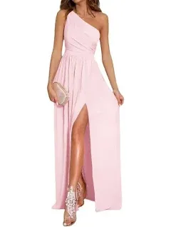 LYANER Women's One Shoulder High Split Sleeveless Ruched Sexy Cocktail Maxi Long Dress