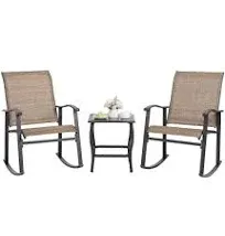 Shintenchi 3 Piece Rocking Bistro Set, Outdoor Furniture with Rocker Chairs and Glass Coffee Table Set of 3, Balcony, Porch Furniture for Small