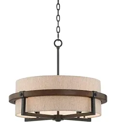 Pendant Light Fixture - 4 Light, Bronze and Wood Tan Fabric Drum Shade, Contemporary Pendant Light for Kitchen Islands, Living Rooms, Foyers, and Bedrooms - 22" Wide, 18" High