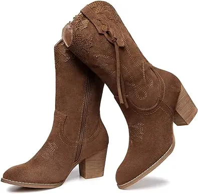 Shibever Cowboy Boots for Women Western: Cowgirl Boots Country Chunky Heeled Suede Zipper Mid Calf Embroidered Booties