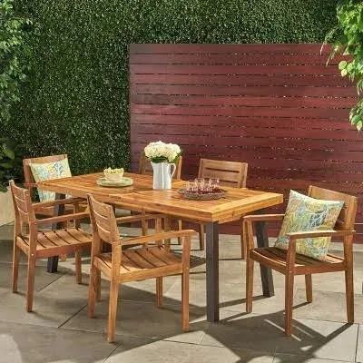 Christopher Knight Home Avon Outdoor Acacia Wood Dining Set, 7-Pcs Set, Teak Finish With Rustic Metal Accents