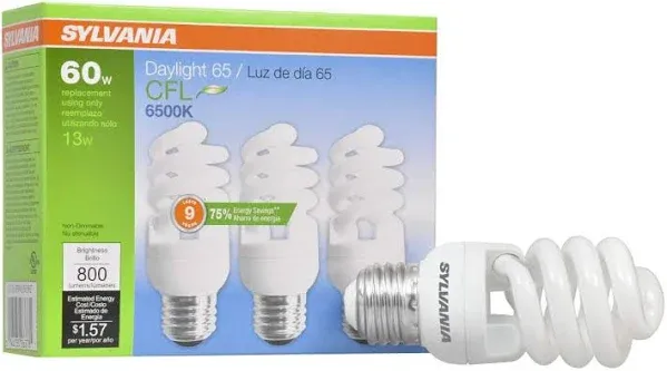 SYLVANIA T2 Twist Light Bulb, 60W Equivalent, Efficient 13W, Ballasted E26 Medium Base, 850 Lumens, 2700K, Soft White - 3 Pack (26371)