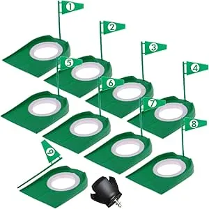 9 Pack Golf Putting Cups with Flags, Plastic Golf Training Aids with Golf Ball Retriever Golf Hole, Putt Training Hole Set for Indoor Outdoor Office Backyard Garage, Dark Green