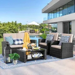 Shintenchi 4-Piece Outdoor Patio Furniture Set Wicker Rattan Sectional Sofa Couch with Glass Coffee Table