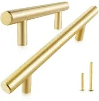 QOGRISUN 2-Pack Solid Brass Cabinet Knobs, Gold Euro Style T Bar Pulls, Single Hole Handles for Kitchen Drawer Dresser Cupboard, 2-Inch Total Length, Brushed Brass Finish