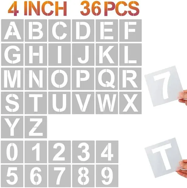 4 Inch Letter Stencils and Numbers, 36 Pcs Alphabet Art Craft Stencils, Reusable Plastic Art Craft Stencils for Wood, Wall, Fabric, Rock, Signage(4 Inch)