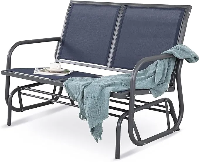 NUU GARDEN 2 Person Patio Glider, Outdoor Glider Bench Patio Double Swing Rocking Chair Loveseat w/Power Coated Steel Frame and Breathable Seat Fabric,Blue