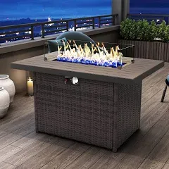 44 Inch Propane Gas Fire Pits Table for Outside Patio, 60000 BTU Rectangular Outdoor Wicker Rattan Fire Pit with Glass Wind Guard