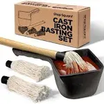 Shop Square Cast Iron Sauce Pot with BBQ Mop Brush – Small Cast Iron Basting Pot & Mop Brush for Grilling, Smoking, and Saucing – BBQ Mop Brushes for