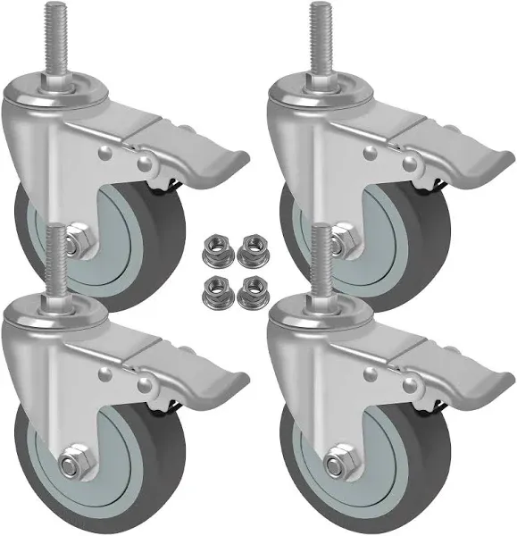 5 Inch Locking Swivel Casters - Grey TPR Rubber Wheels with Brake - Set of 4