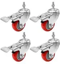 4 Pack 3 Inch Stem Caster Swivel with Front Brake Red Polyurethane Caster Wheels