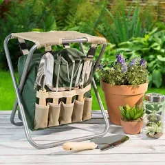 Pure Garden Folding Garden Stool with Tool Bag and 5 Garden Tools