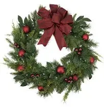 Gerson Company 32" Pre-Lit Mixed Pine Wreath with Ball & Cedar Accents and 