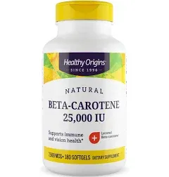 Healthy Origins Beta-Carotene 25,000 IU (7,500 mcg), Natural Beta-Carotene, Immune Support, Vision Support, Non-GMO, Gluten-Free, 180 Softgels