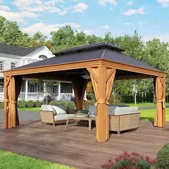 10' x 12' Gazebo, Permanent Wooden Finish Coated Aluminum Frame Canopy, Galvanized Steel Double Top, Outdoor Metal Pavilion with Privacy Curtains and Netting, for Patio, Deck and Backyard