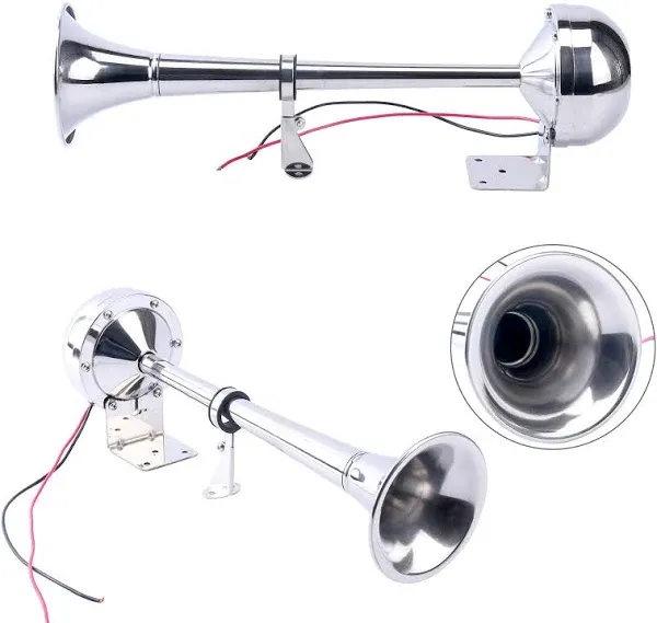 Amarine Made 12v Marine Boat Horn 115db Stainless Steel Single Trumpet Horn for Ship Truck RV Trailer, Low Tone, 16-1/8"