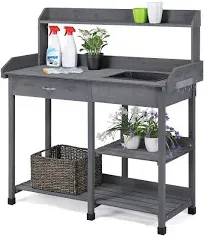 Yaheetech Outdoor Potting Bench Table Potters Benches Garden Workstation for Horticulture with Drawer/Adjustable Shelf Rack/Removable Sink/Hooks