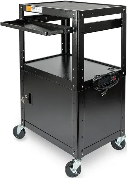 YITAHOME Steel AV Cart with Locking Cabinet, Metal Presentation Cart with Keyboard Tray, Rolling Media Cart with Wheels & Power 16.4ft Extra-Long Cord for Computer Laptop Projector Printer Black