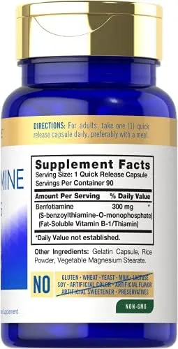 Benfotiamine 300mg 90 Capsules Vitamin B1 Non-GMO Gluten Free by Carlyle