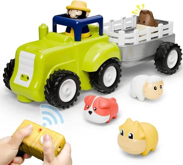 iPlay, iLearn Toddler Remote Control Farm Tractor Toy, Baby RC Trailer Truck Set, Music Pretend Farmer Animals Vehicle Playset W/Sound, Birthday Stocking Gifts 18 24 Month 2 3 4 Year Old Kids Boy Girl