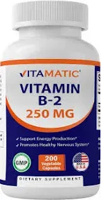 Vitamatic Vitamin B2 (Riboflavin) 250 mg 200 Capsules - Support Cellular Energy