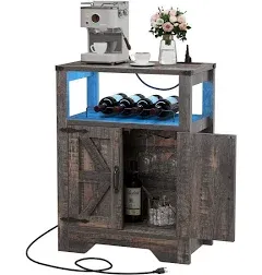 DWVO Liquor Cabinet w/Led Lights & Power Outlets, 31.5" Farmhouse Bar Cabinet w/Wine Rack, Coffee Bar w/Glass Holder, Small Alcohol Cabinet w/Barn Door for Kitchen, Dining & Living Room, Black Oak