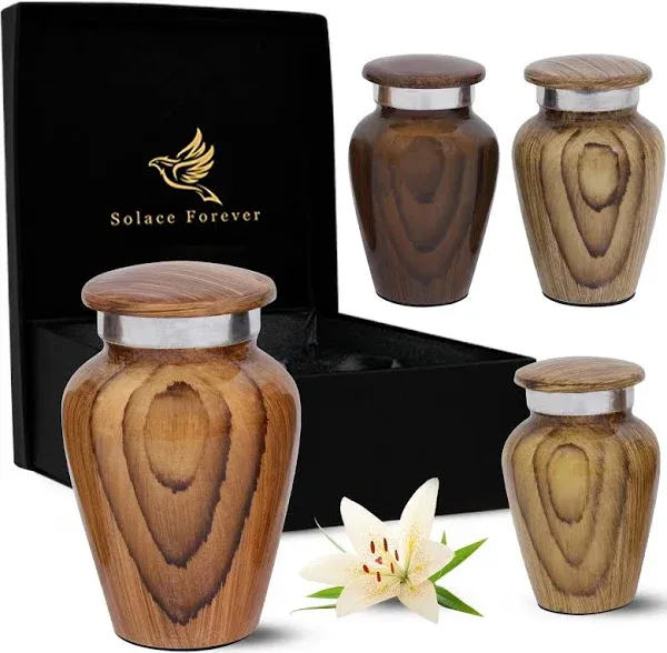 Wooden Print Metallic Small Urns for Ashes - Cremation Urn for Men & Women - Mini Urns Set - Funeral Keepsake Urns for Human Ashes - Honor Your Loved One with Wooden Urns (Wooden, Set of 4)