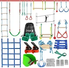 Dripex 50FT Ninja Warrior Obstacle Course for Kids Double Slacklines with 10 Most Complete Accessories for Kids