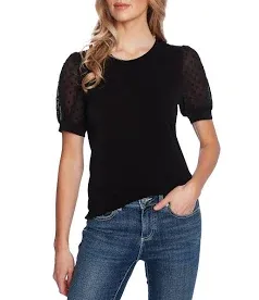 CeCe Womens Puff Sleeve Mixed Media Top