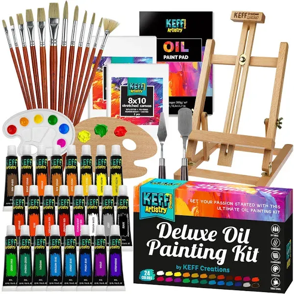 KEFF Oil Paint Set for Adults and Kids - Art Supplies Painting Kits with 24 Oil Paints, Stretched Canvas, Art Easel, Brushes, Palette, Knives and Paper Pad