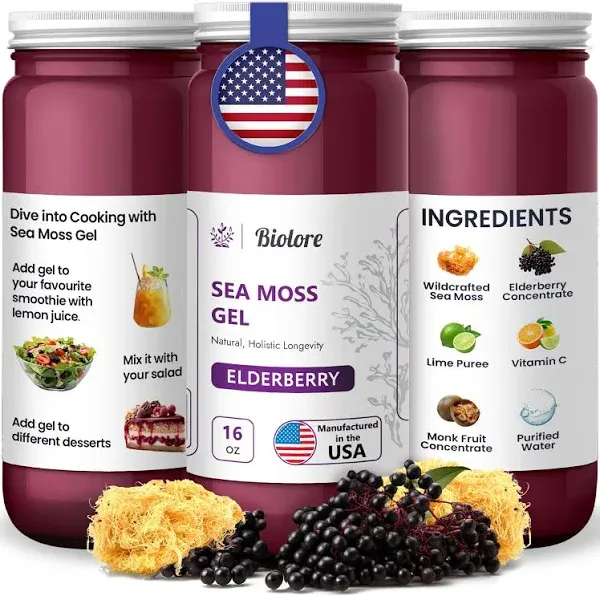 Sea Moss Gel Elderberry 16Oz by Biolore - Raw Irish Seamoss, Vegan Superfood