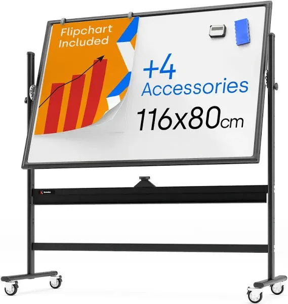 Rolling Dry Erase Board 46 x 32 - Large Portable Magnetic Whiteboard with Stand - Double Sided Easel Style Whiteboard with Wheels - Mobile Standing Whiteboard for Office, Classroom & Home