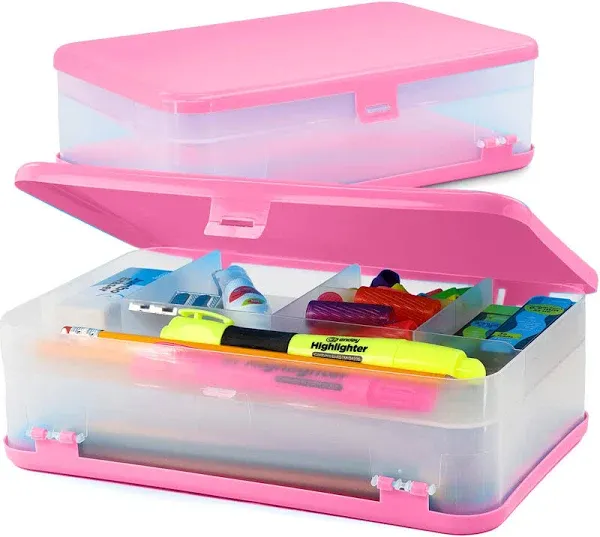 Enday Pencil Box Pink, Large Capacity Plastic Double Deck Box with 12 Compartments, Plastic Pencil Box with Snap-Tight Lid, Hard Pencil Case Storage Organizer Pencil Boxes