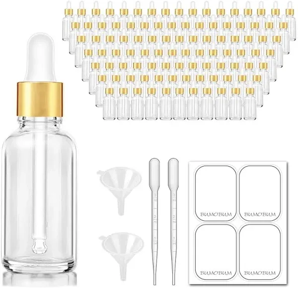 2 oz Dropper Bottle, Clear Glass Eye Dropper Bottles with Golden Top Cap for Essential Oils, 99 pack Tincture Bottle with Labels and Funnel