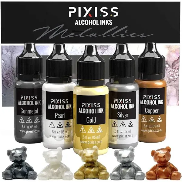 Pixiss Metallics Alcohol Inks Set, 5 Highly Saturated Metallic Alcohol Inks for Resin