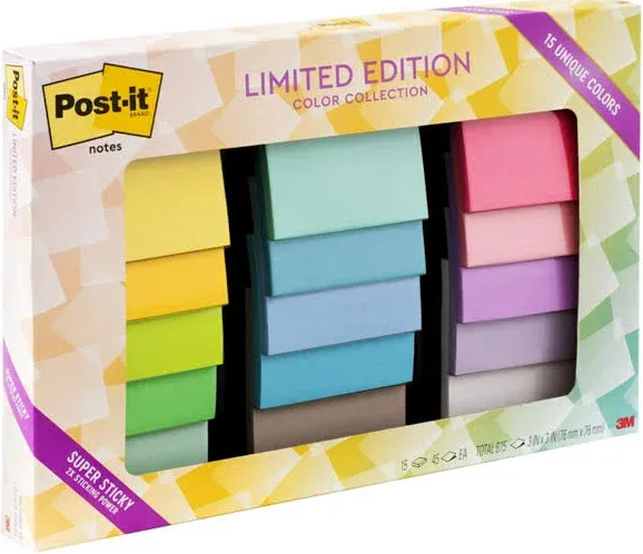 Genuine Post It Notes Limited Edition Super Sticky 15 Colors Pads 3x3 45 Sheets