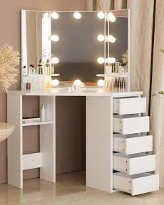 Likein Corner Makeup Vanity Desk with Mirror and Lights, Bedroom Vanity Table with Lighted Mirror 5 Drawers and Storage Shelf for Women Girls Black