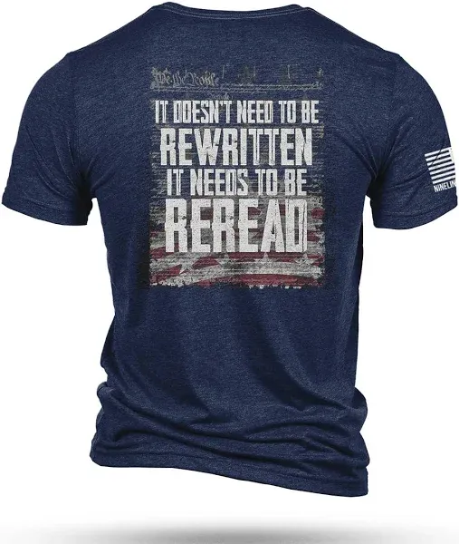 Nine Line ReRead Not ReWritten T-Shirt - Unisex Navy Patriotic Shirt - Dropline Logo and American Flag Stars and Stripes