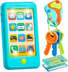 Pretend Toddler Play Phone, Learning Toy Phone Set,Keyfob Key Toy and Credit Cards Set, Kids Cellphone Toys, Girls Boys Birthday Gifts for 1 2 3 Year Old,Baby Blue, Kids Presents Toys