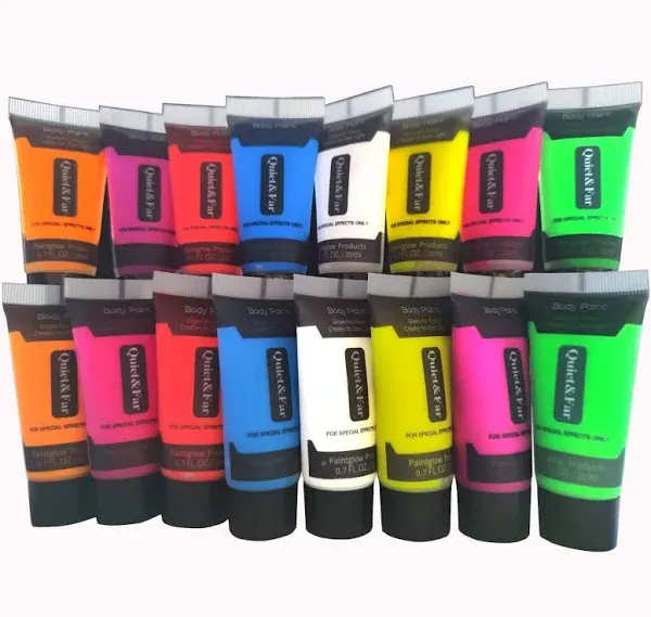 Quiet&Far Body Paint Set with tubes 16 x 20ml/0.7 fl oz Neon Glow in the dark paint face paint under Blacklight Reactive Fluorescent Paint Non-Toxic