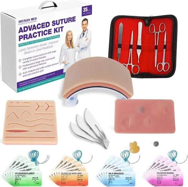 Advanced Practice Kit for Medical Students (35 Pcs) – Latest Generation of Most Complete Model, Including: Tool Kit with Variety of Suture Threads, 3 Top Quality Suture Pads (Education Only)