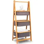 SerenelifeHome 3 Tier Fold Out Hamper Shelf Storage - Space Saving Collapsible Foldable Natural Bamboo Wooden Organizer Removable Baskets for Bedroom Bathroom Laundry Clothes Towels