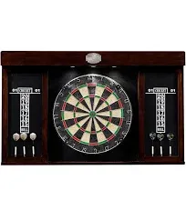 Thornton Pre-Assembled Wood Dartboard Cabinet, LED Display with 18” Bristle Dartboard & Steel Tip Dart Set, Perfect for Cricket Games