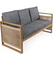 Gable 3-Seat Mid-Century Modern Roped Acacia Wood Outdoor Couch Sofa, Gray/Teak Brown with Cushions