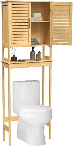 SONGMICS Over-the-Toilet Storage Bathroom Cabinet with Adjustable Inside Shelf and Bottom Stabilizer Bar Natural